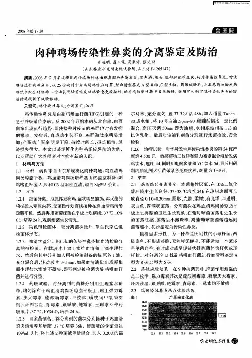 肉种鸡场传染性鼻炎的分离鉴定及防治
