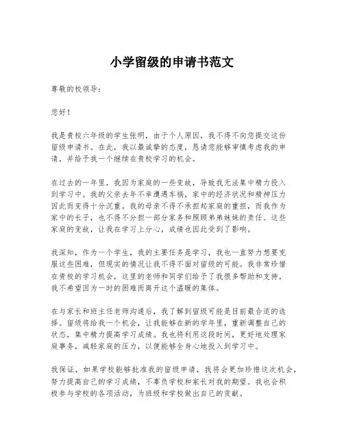 小学留级的申请书范文
