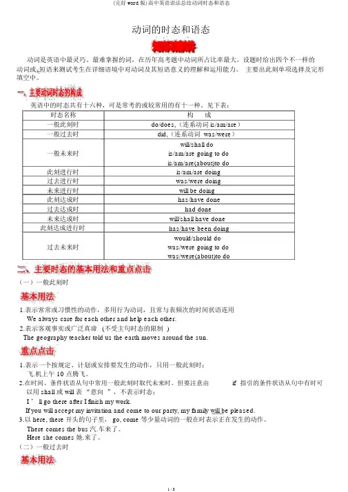(完整word版)高中英语语法总结动词时态和语态