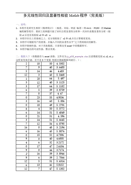 多元线性回归及显著性检验Matlab程序