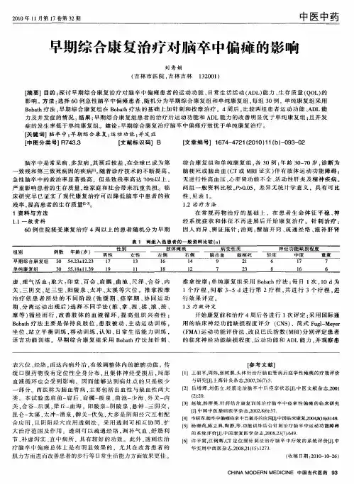 早期综合康复治疗对脑卒中偏瘫的影响