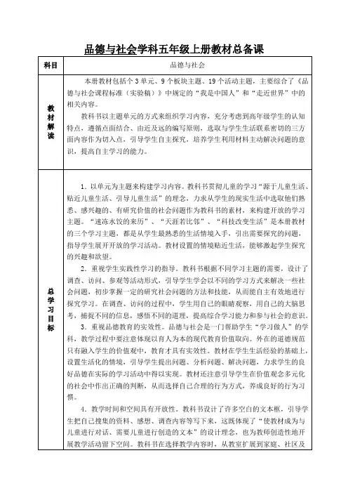 五年级上册品德教案-全册教案｜鲁人版