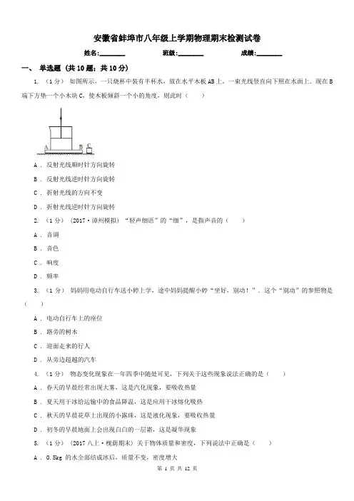 安徽省蚌埠市八年级上学期物理期末检测试卷