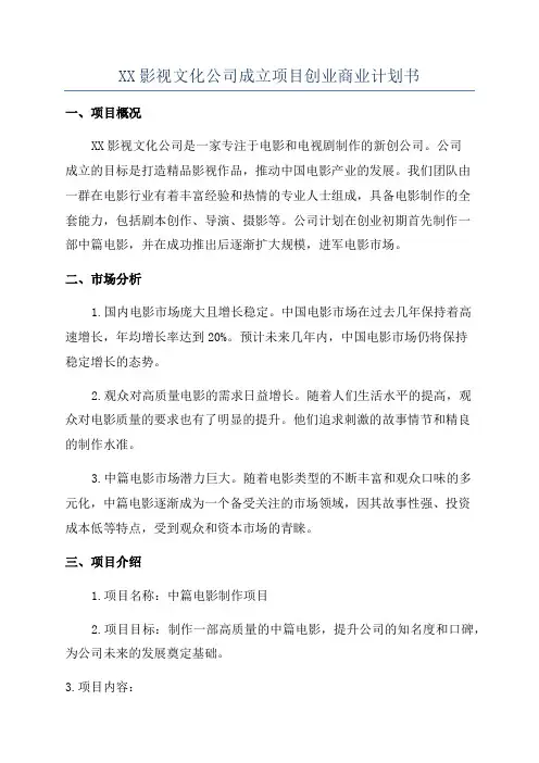 XX影视文化公司成立项目创业商业计划书