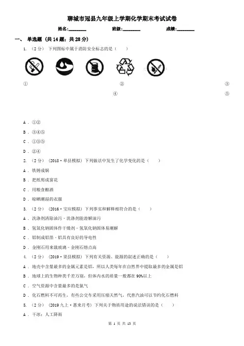 聊城市冠县九年级上学期化学期末考试试卷