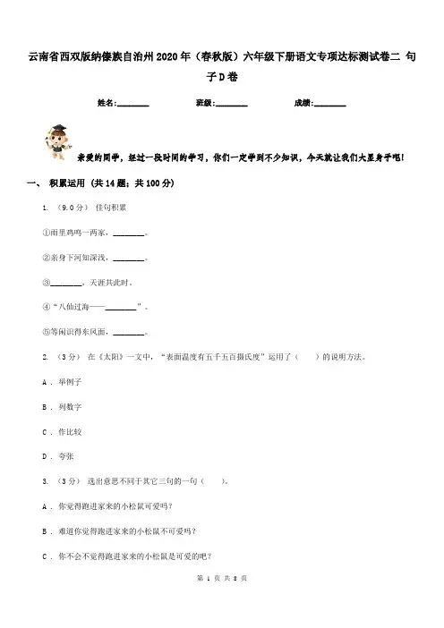 云南省西双版纳傣族自治州2020年(春秋版)六年级下册语文专项达标测试卷二句子D卷