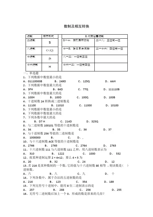 二进制十进制八进制十六进制转换练习题