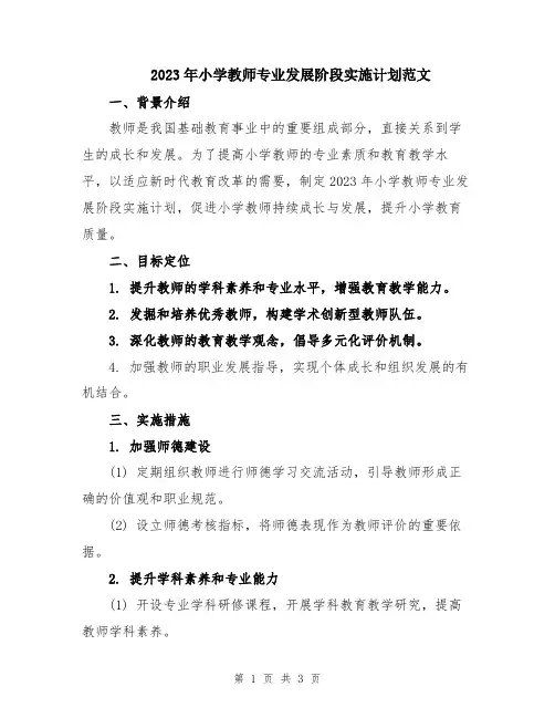 2023年小学教师专业发展阶段实施计划范文