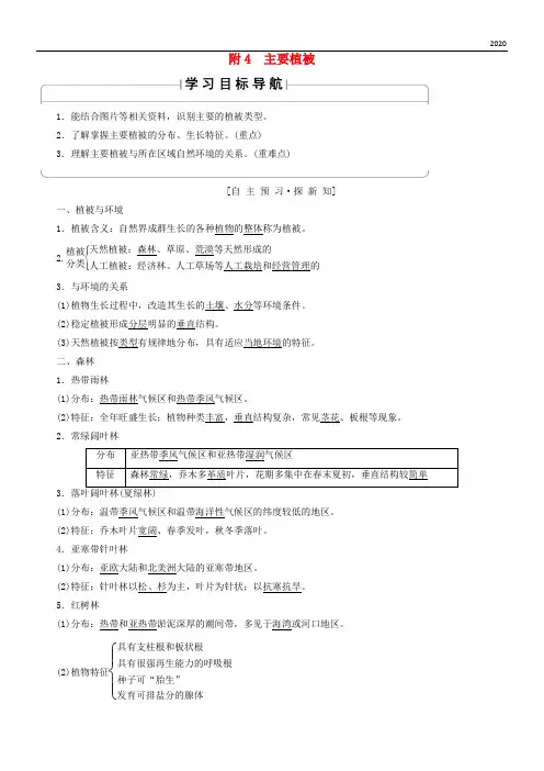 2020高中地理 第3单元 附4 主要植被同步学案 鲁教版必修1