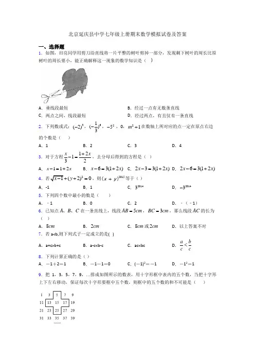 北京延庆县中学七年级上册期末数学模拟试卷及答案