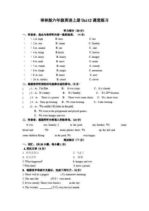 译林版英语六年级上册第二单元单元测试