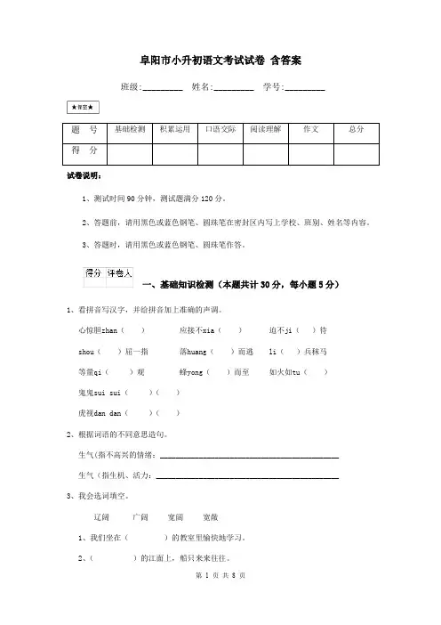 阜阳市小升初语文考试试卷 含答案