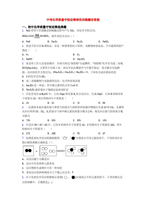 中考化学质量守恒定律培优训练题含答案