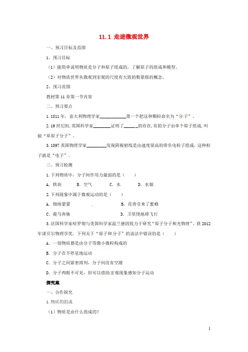 八年级物理全册 11.1走进微观学案 (新版)沪科版