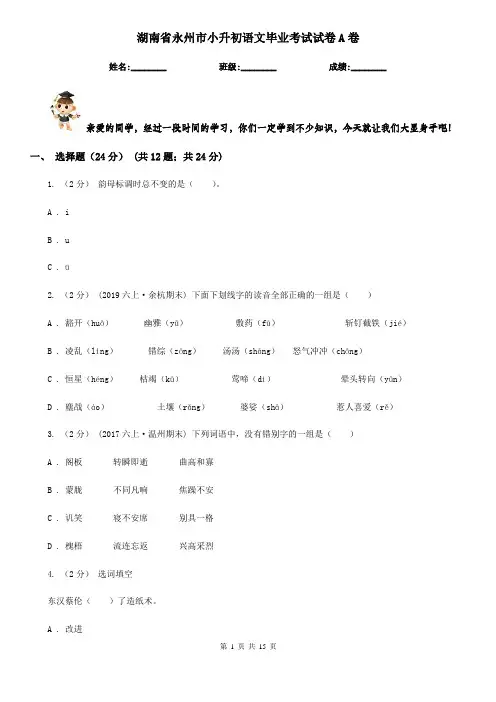 湖南省永州市小升初语文毕业考试试卷A卷