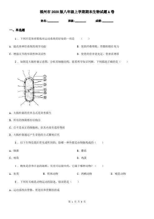 福州市2020版八年级上学期期末生物试题A卷
