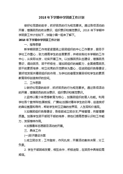 2018年下学期中学团委工作计划
