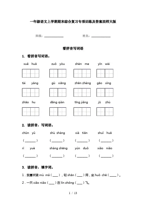 一年级语文上学期期末综合复习专项训练及答案西师大版