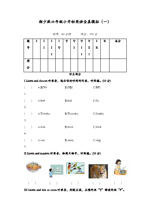 湘少版六年级英语小升初模拟卷(精品)
