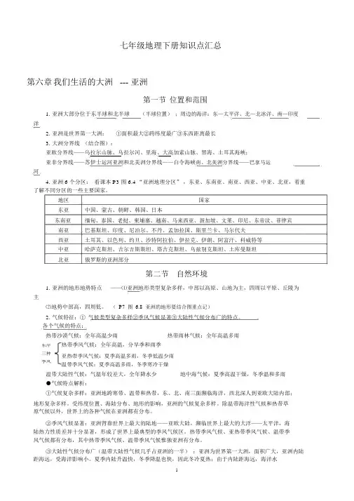 新人教版七年级地理下册知识点归纳(最全全新精版版)