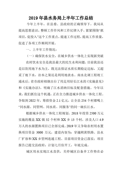 2019年县水务局上半年工作总结.doc