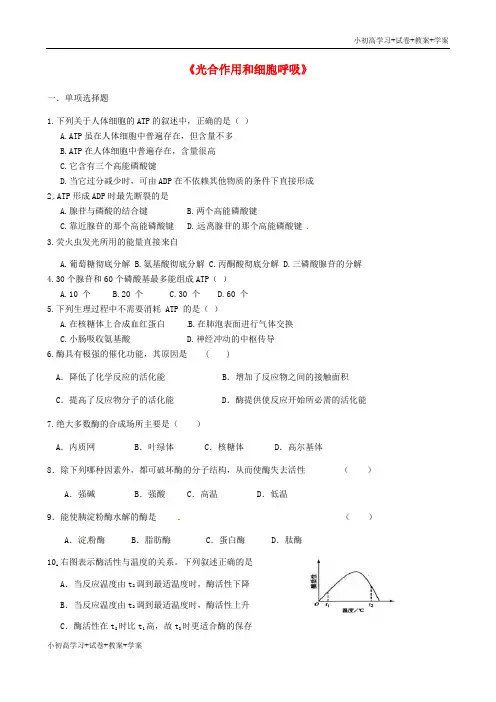 推荐学习高中生物 第4章《光合作用和细胞呼吸》综合练习(无答案)苏教版必修1