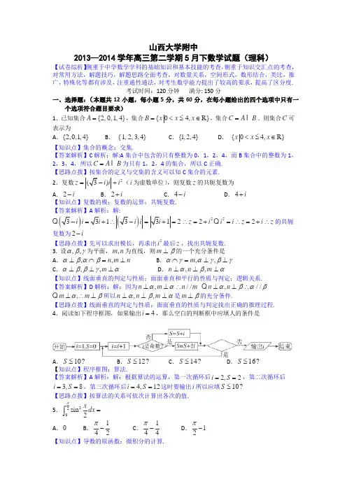 【解析版】山西省山大附中2014届高三5月月考数学理试题Word版含解析