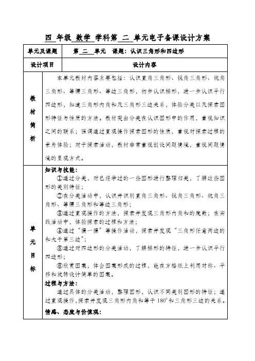 四 年级 数学 学科第 二 单元电子备课设计方案