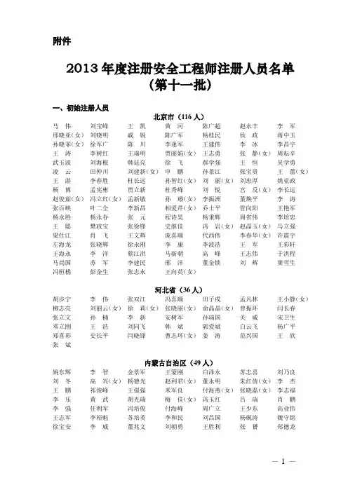 2013年度注册安全工程师注册人员名单(第十一批)