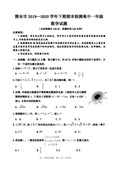 四川省雅安市2019-2020学年高一下学期期末考试数学试题 (含答案)