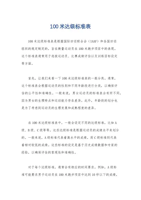 100米达级标准表