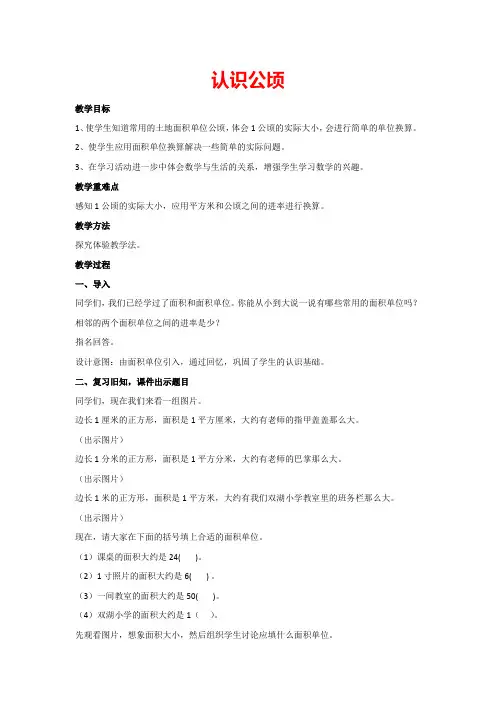2.认识公顷(教案)四年级数学上册人教版