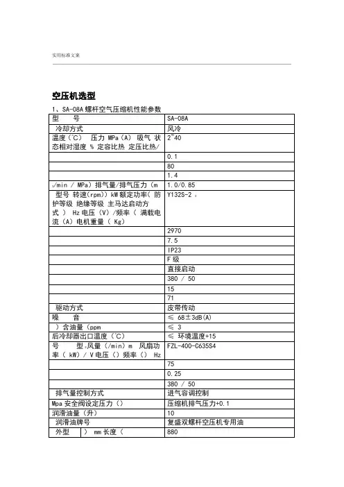 复盛空压机SA机型全参数表