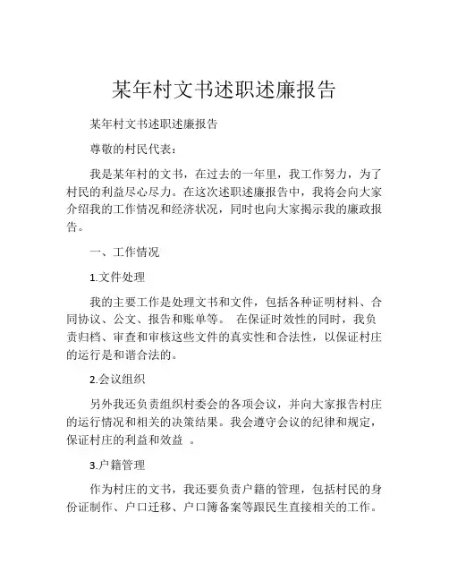 某年村文书述职述廉报告