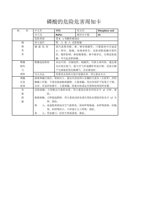磷酸的危险危害周知卡