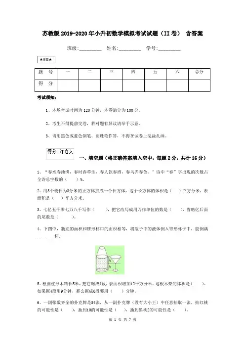 苏教版2019-2020年小升初数学模拟考试试题(II卷) 含答案