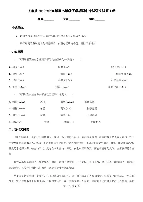 人教版2019-2020年度七年级下学期期中考试语文试题A卷(测试)
