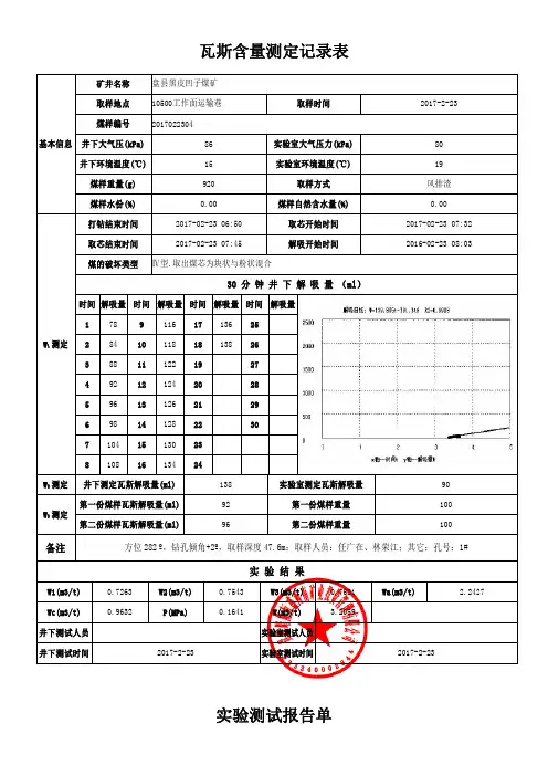 10500工作面瓦斯含量测定记录表