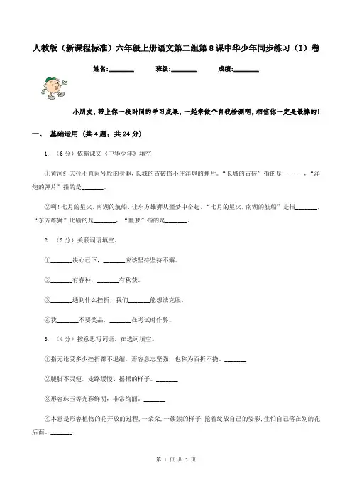 人教版(新课程标准)六年级上册语文第二组第8课中华少年同步练习(I)卷
