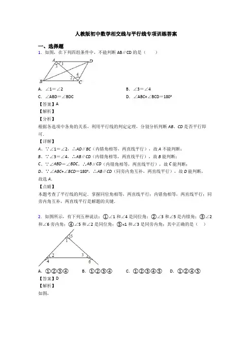 人教版初中数学相交线与平行线专项训练答案
