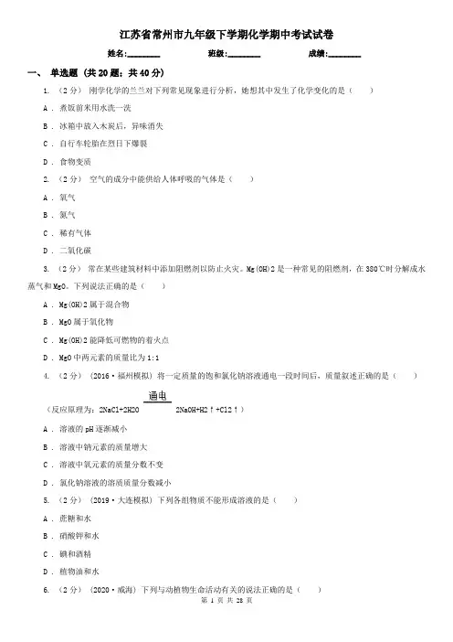 江苏省常州市九年级下学期化学期中考试试卷