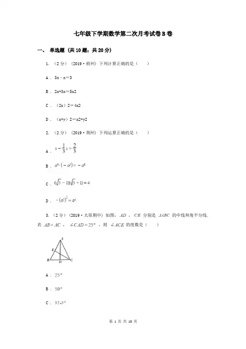 七年级下学期数学第二次月考试卷B卷