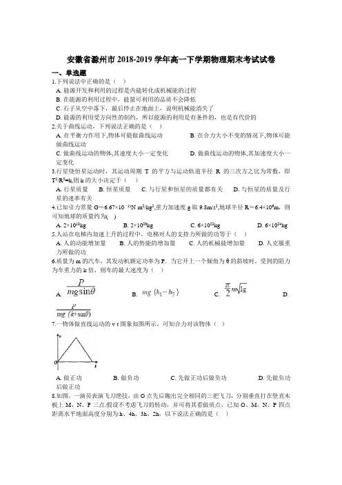 安徽省2018-2019学年高一下学期期末考试物理试题 Word版含解析