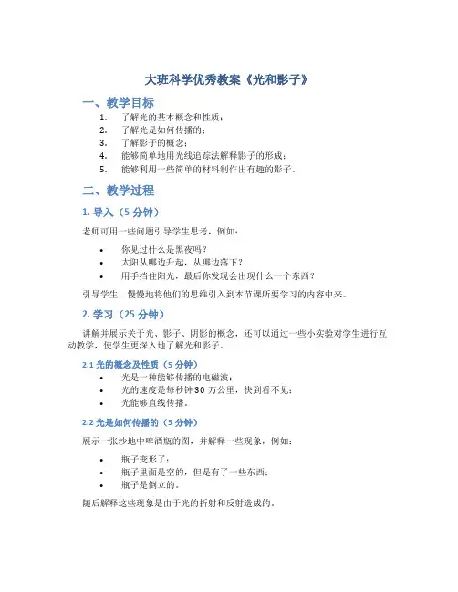 大班科学优秀教案《光和影子》