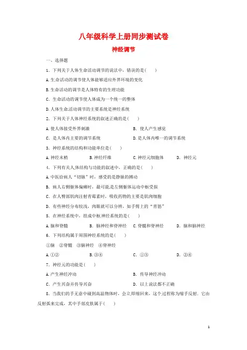 八年级科学上册生命活动的调节-神经调节同步测试1(含答案)