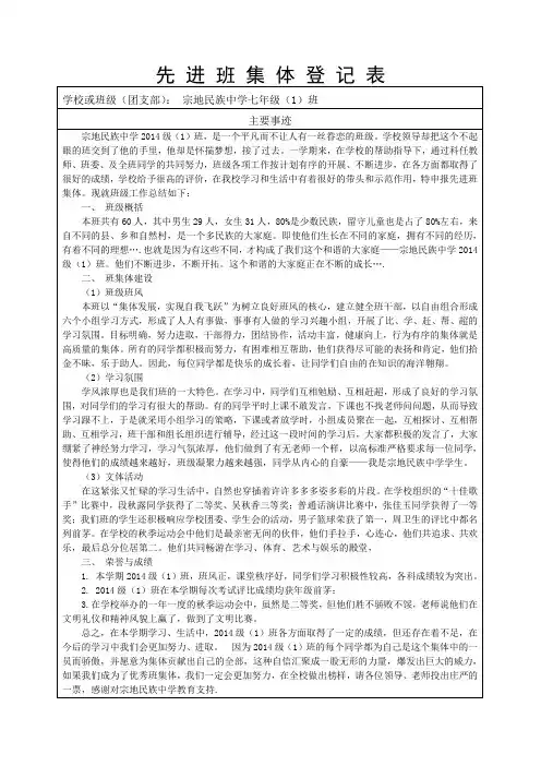先 进 班 集 体 登 记 表