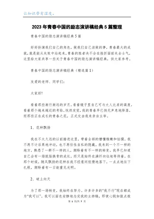 2023年青春中国的励志演讲稿经典5篇整理