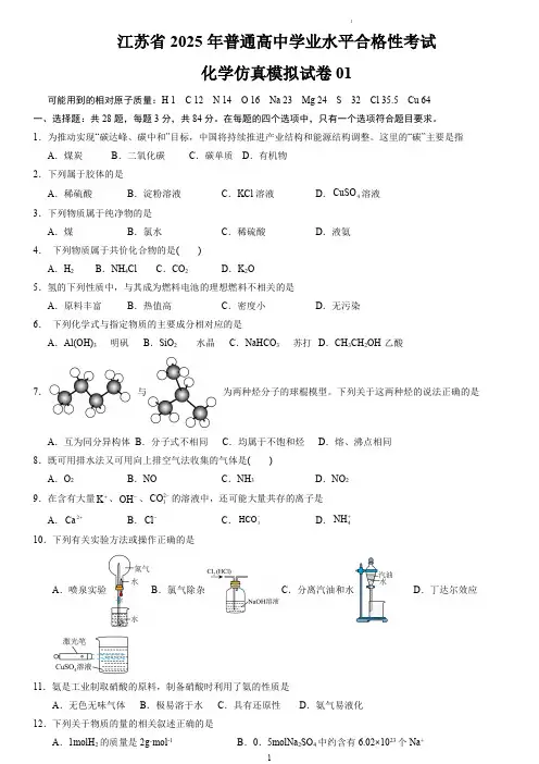 江苏省2025年普通高中学业水平合格性考试化学仿真模拟卷01
