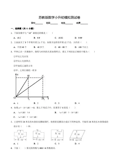 苏教版六年级数学小升初考试试卷(附答案解析)