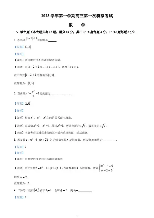 上海市崇明区2024届高三一模数学试题(教师版)